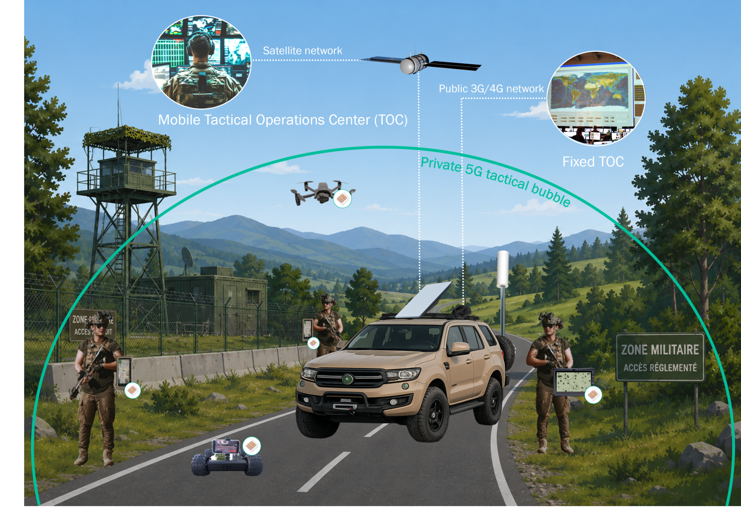 Private 5G tactical bubble deployed on the field, interconnected with the mobile TOC via the satellite network and the fixed TOC via the public 3G/4G network