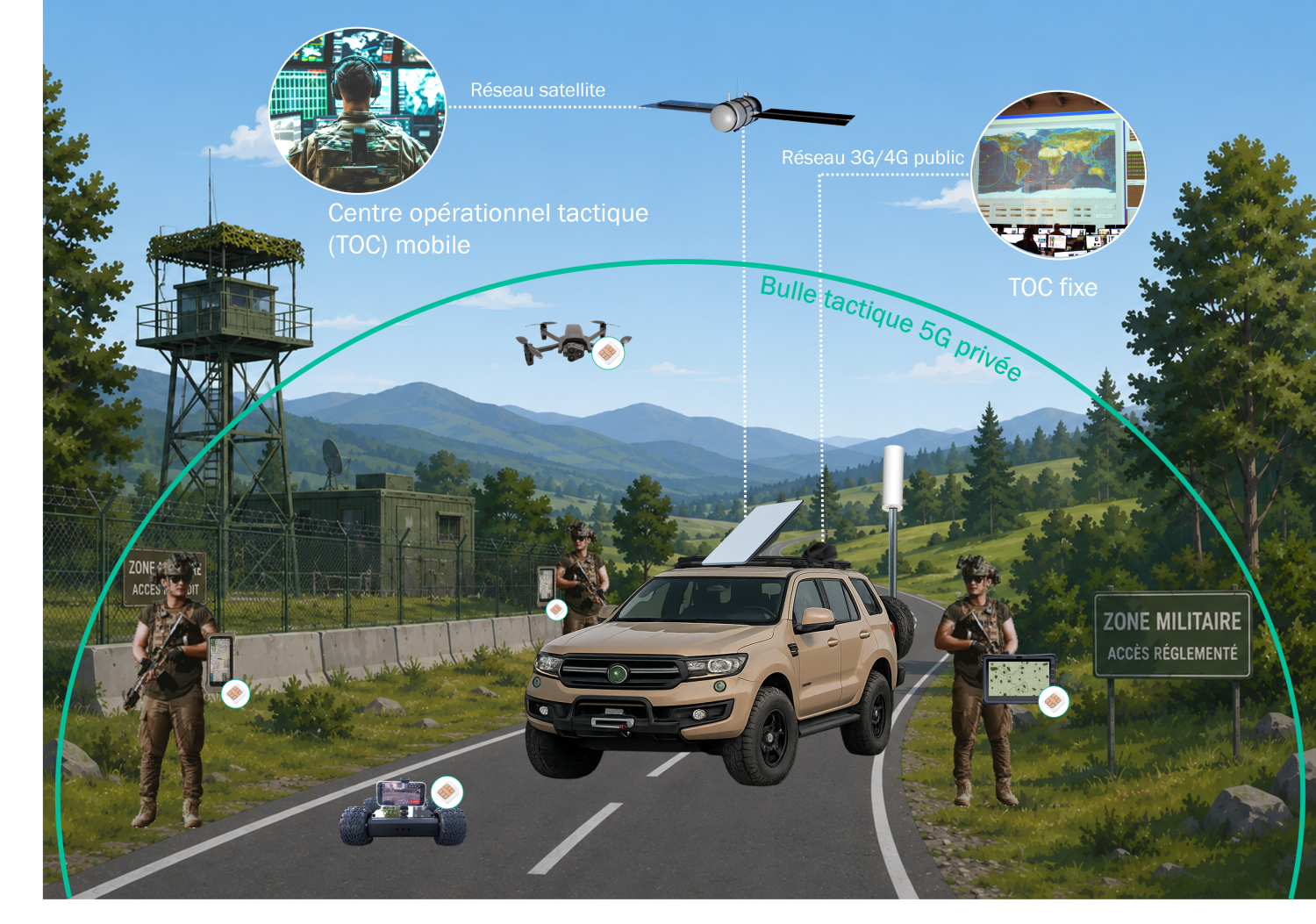 Bulle tactique 5G priv&eacute;e d&eacute;ploy&eacute;e lors d'une mission, interconnect&eacute;e au TOC mobile par satellite et au TOC via le r&eacute;seau 3G/4G public