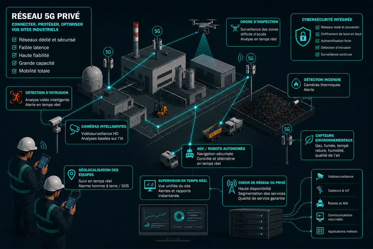 Illustration d'un site industriel s&eacute;curis&eacute; gr&acirc;ce &agrave; la 5G priv&eacute;e
